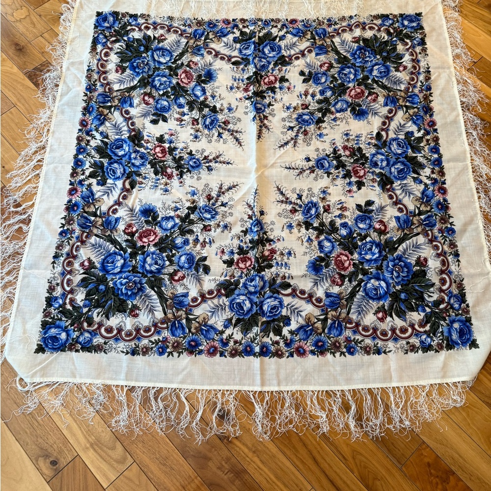 Elegant Blue and Cream Floral Scarf